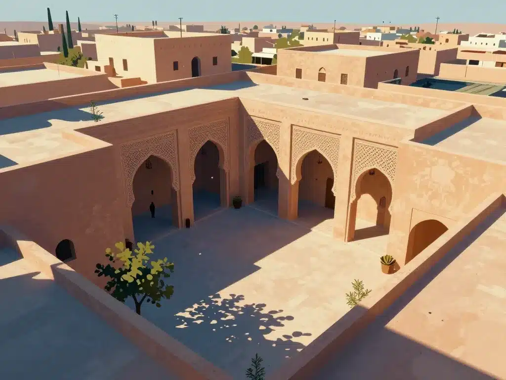 cour centrale, moucharabieh et terrasse pour une maison algerienne