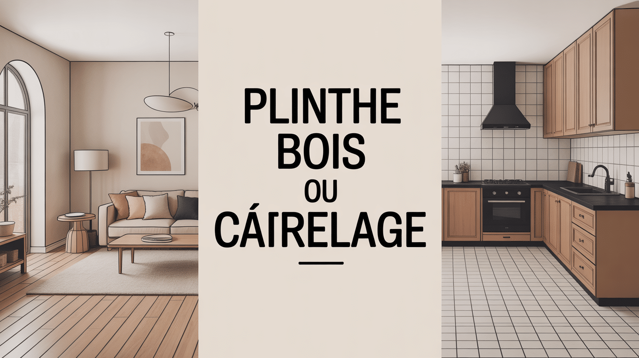 Illustration plinthe bois ou carrelage côté à côte salon et cuisine