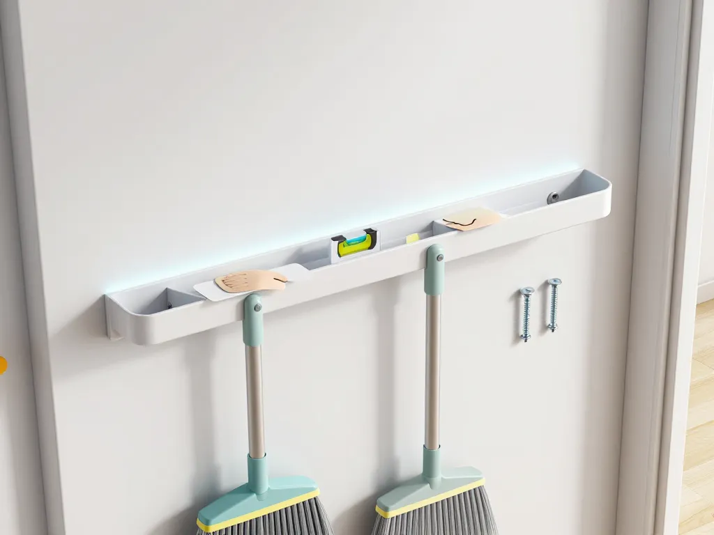 Scène installation porte balai mural aligné au mur