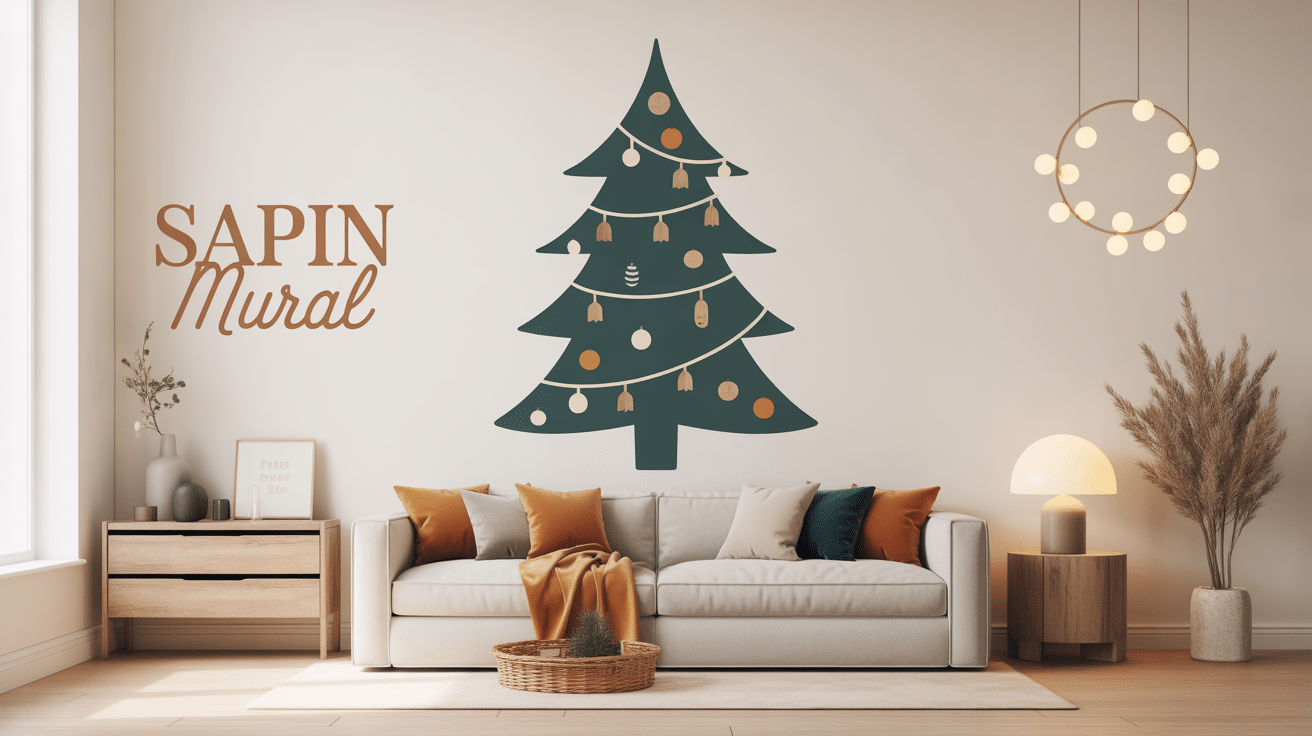 sapin mural accroché au mur, bois et guirlandes LED