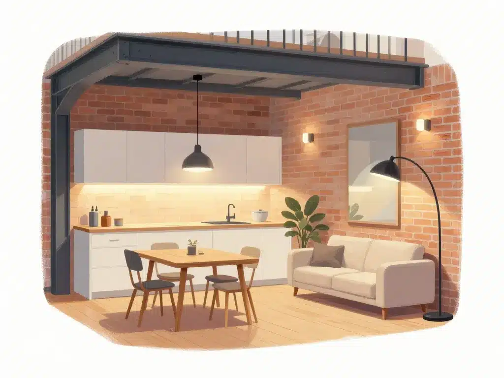 Coin de petit loft avec brique, bois clair et éclairages multiples