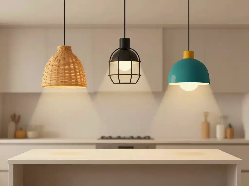 Styles de suspension cuisine originale en rotin, métal noir et forme colorée