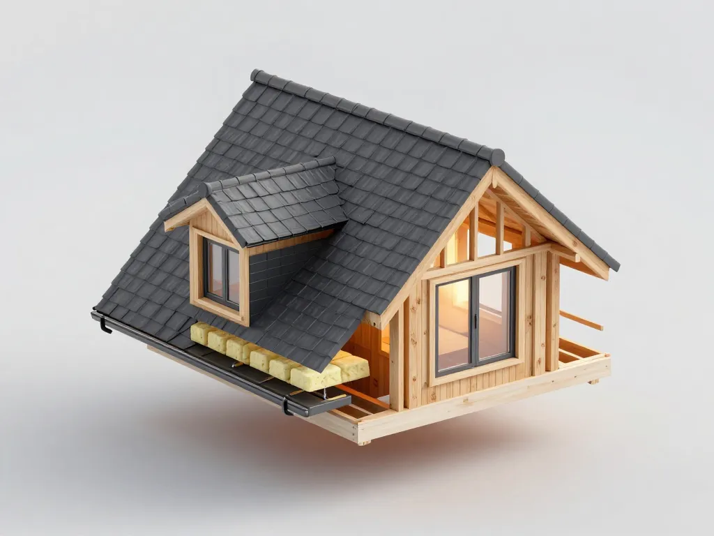 vue éclatée toiture chien assis avec isolation et zinguerie