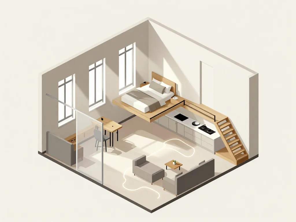 Schéma isométrique de petit loft, zones jour-nuit et lumière traversante