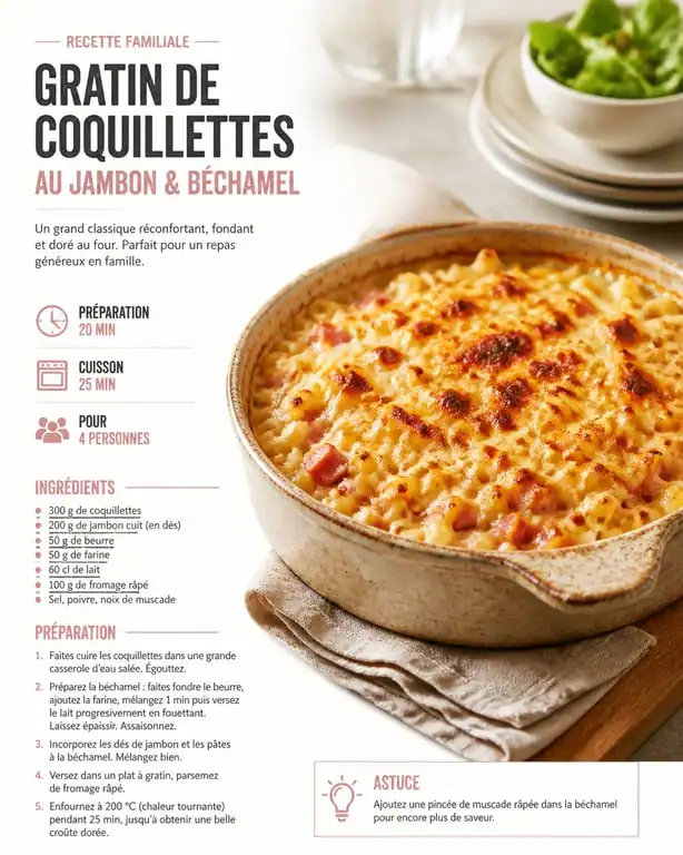 Gratin de coquillettes au jambon, une recette facile et pas chère pour un repas familial.