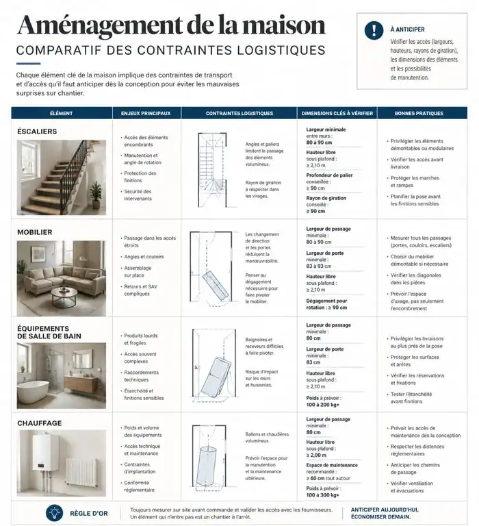 Tableau comparatif des contraintes logistiques pour mon amenagement maison