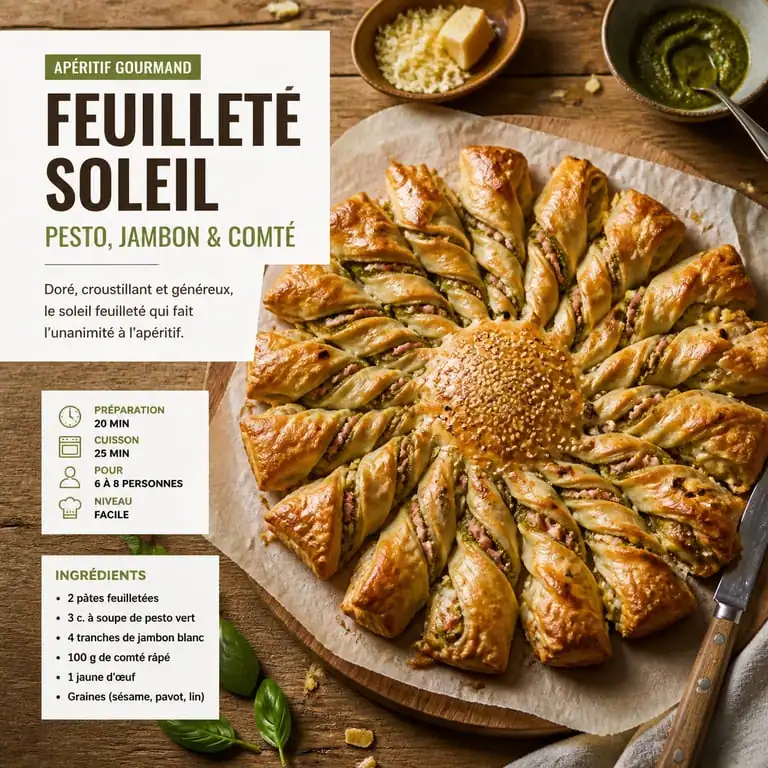 Recette feuilleté salé soleil au pesto, jambon et comté, doré et croustillant