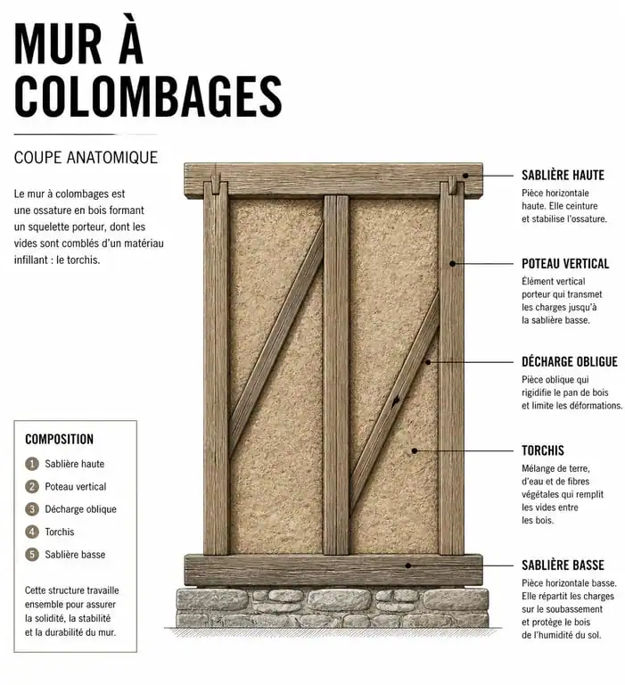 Schéma technique de l'anatomie d'une maison à colombages avec ses éléments structurels