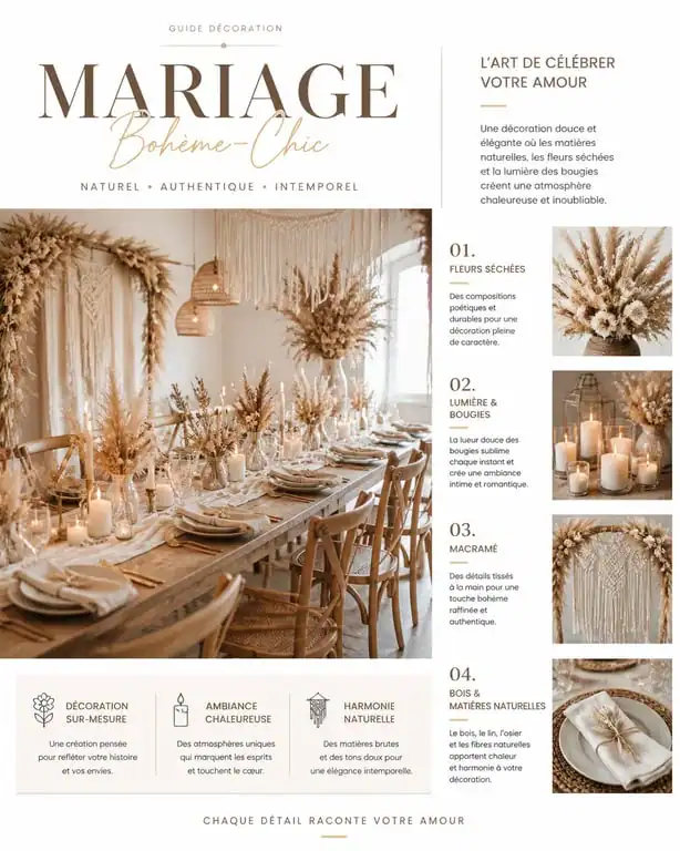 Décoration de mariage bohème-chic avec fleurs séchées et bougies pour une ambiance romantique.