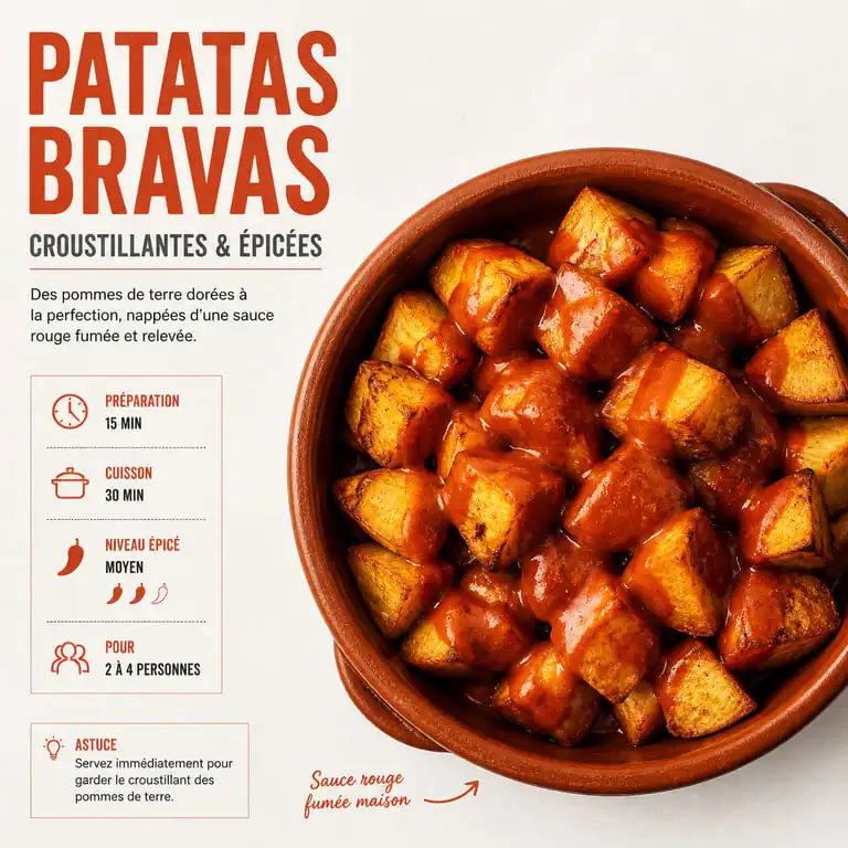 Recette des patatas bravas espagnoles servies dans une assiette en terre cuite