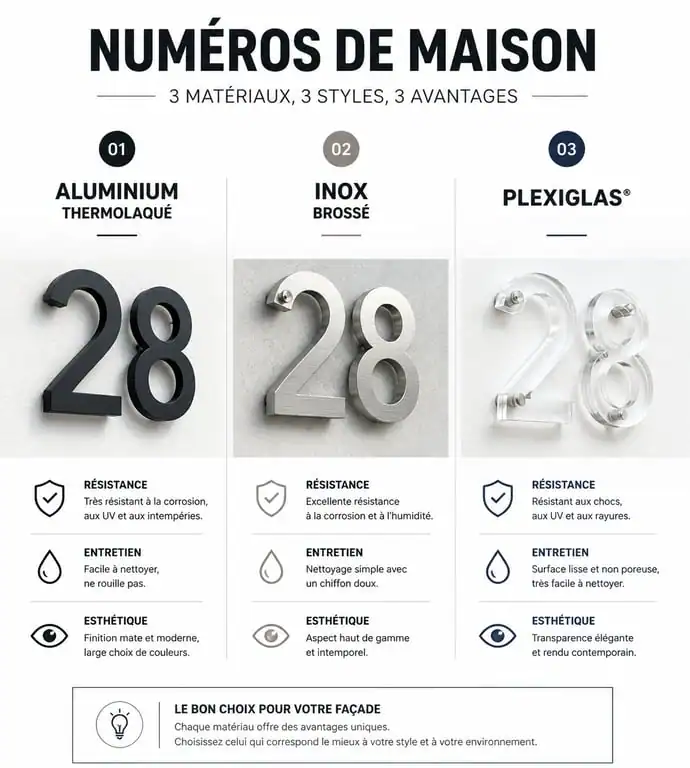 Comparatif des matériaux pour numéro de maison design : aluminium, inox et plexiglas