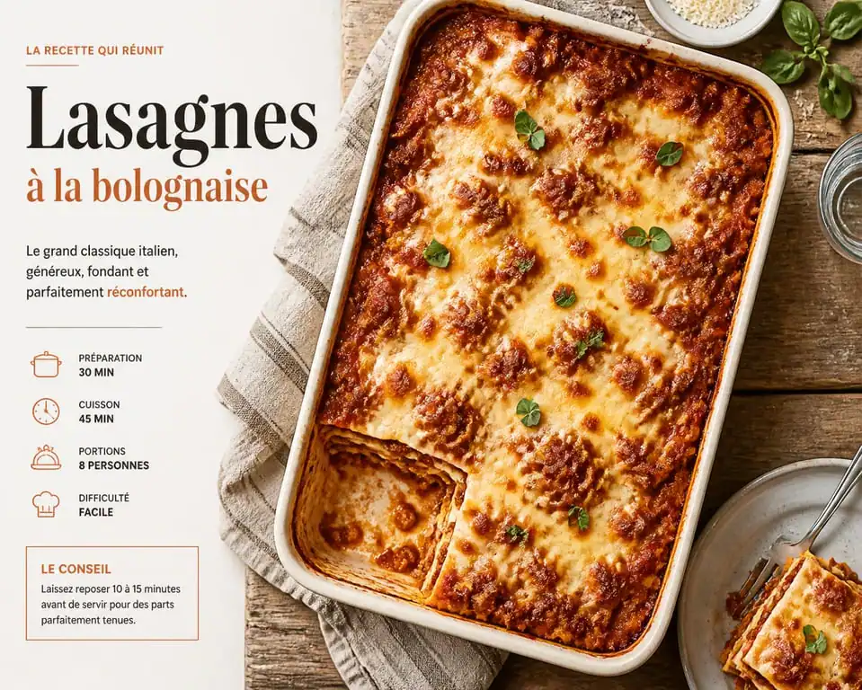 Recette de lasagnes à la bolognaise pour 10 personnes servies dans un grand plat familial
