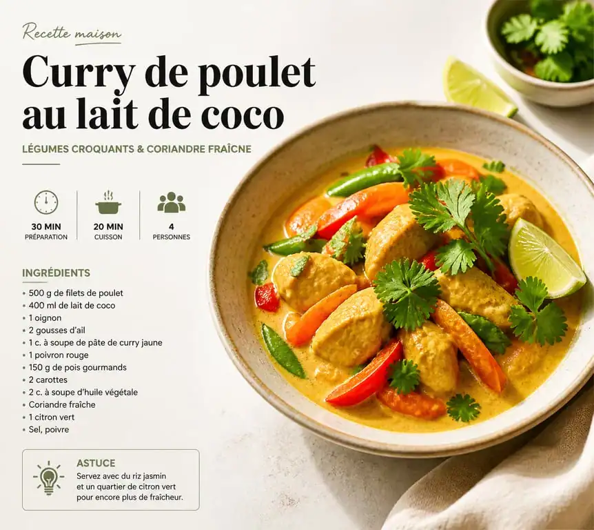 Assiette de curry de poulet au lait de coco, une recette avec pâte de curry savoureuse et colorée.