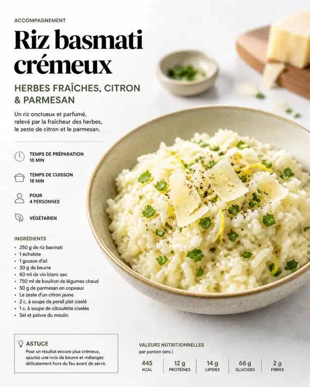 Recette de riz crémeux aux herbes et citron en accompagnement