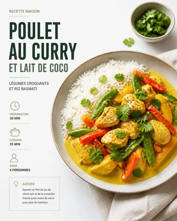 Plat à base de poulet au curry et lait de coco, recette facile et rapide
