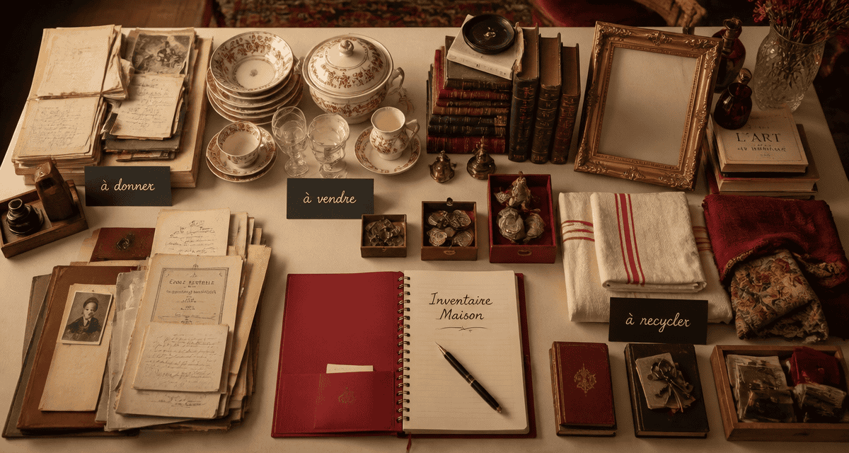 Vidage maison tri objets sur table