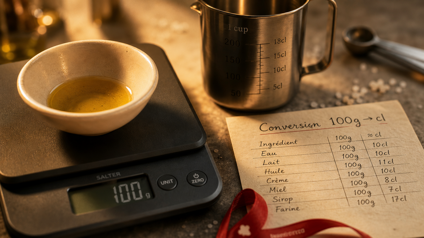 100g en centilitre : conversion précise, photo guide
