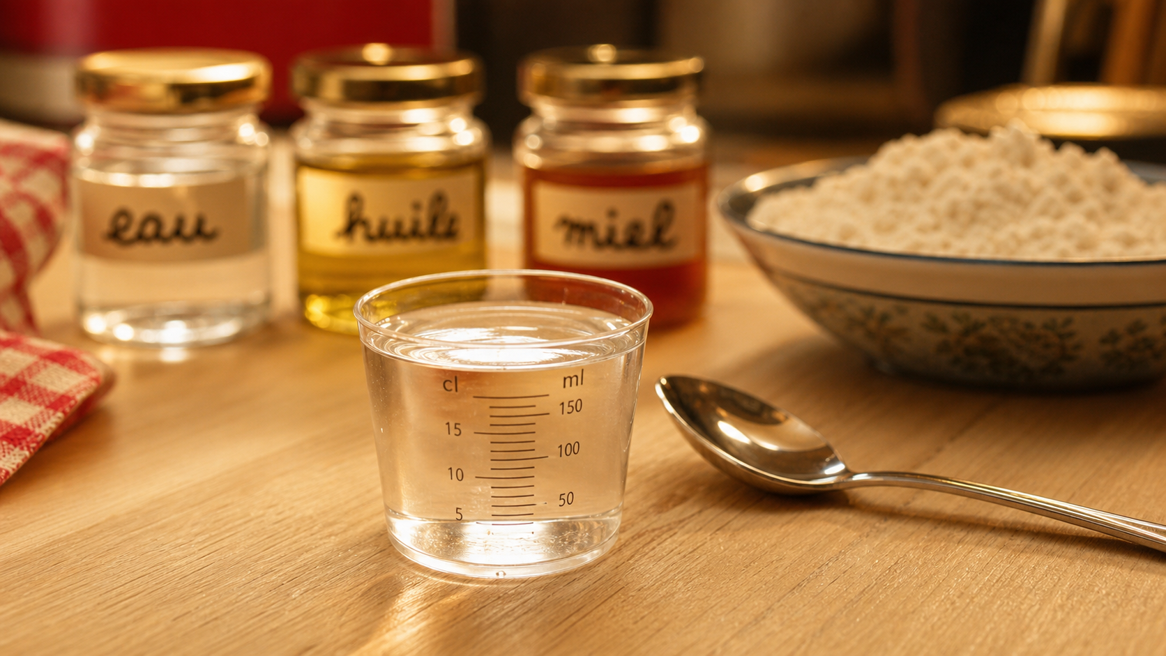10cl en g : verre doseur cl et ml, huile et eau
