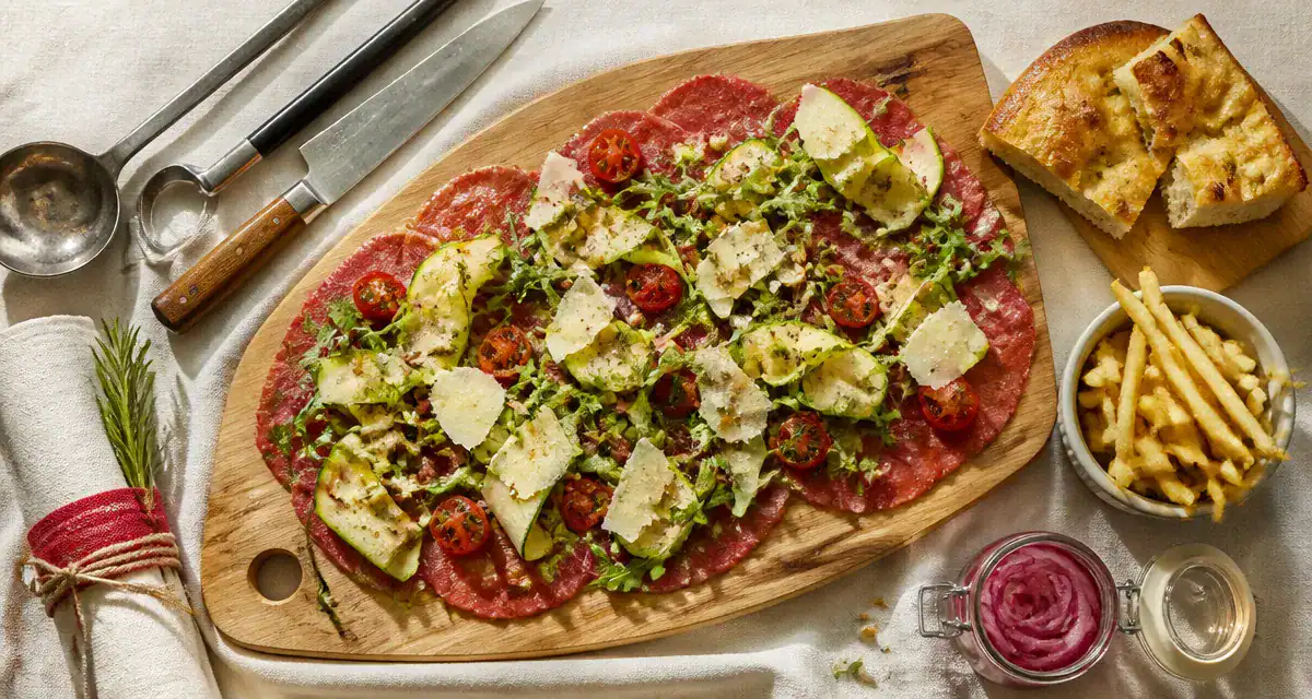 accompagnement carpaccio de boeuf sur planche avec garnitures