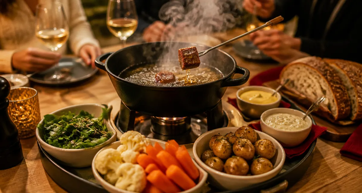 Accompagnement fondue bourguignonne avec caquelon, bœuf et légumes rôtis