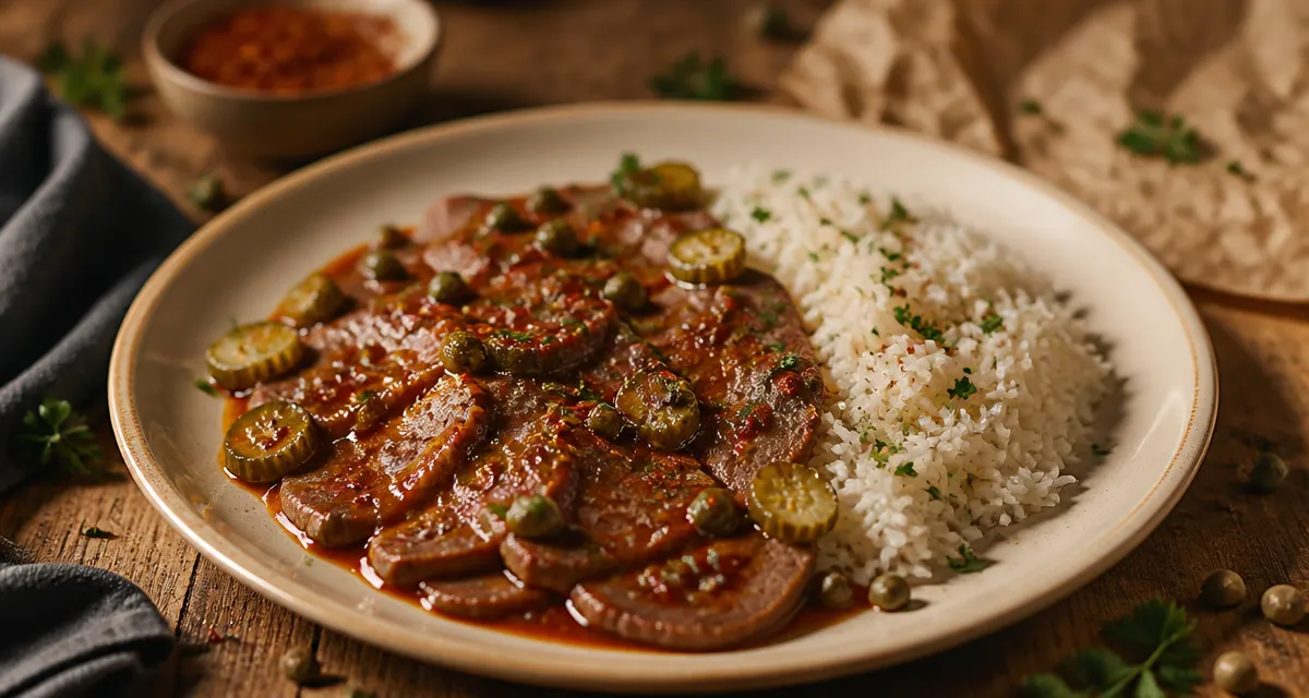Accompagnement pour langue de boeuf avec riz pilaf et cornichons