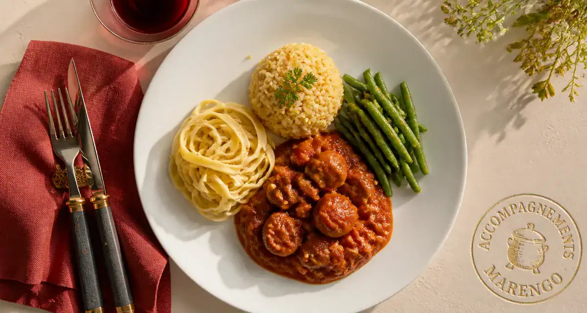 accompagnement pour veau marengo, assiette dressée avec riz haricots tagliatelles