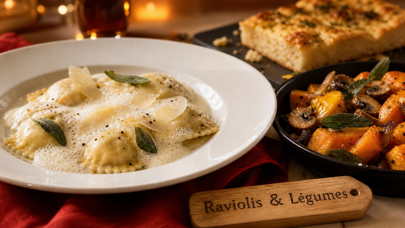 Accompagnement ravioli : raviolis et légumes rôtis avec pain italien