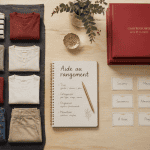 Aide rangement maison table organisée vêtements boîtes carnet