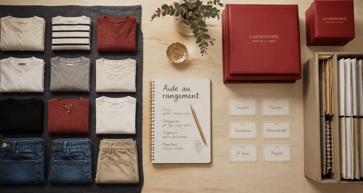 Aide rangement maison table organisée vêtements boîtes carnet