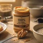 Avec quoi manger du beurre de cacahuete : pot, cuillère, banane et pomme, porridge