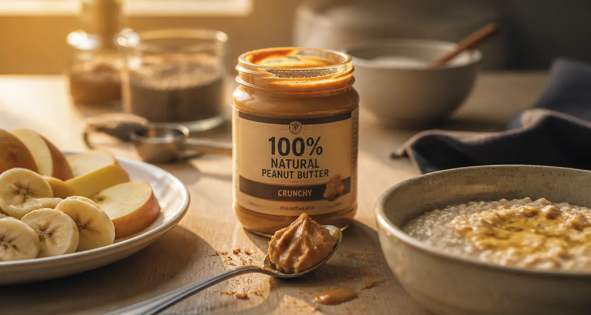 Avec quoi manger du beurre de cacahuete : pot, cuillère, banane et pomme, porridge