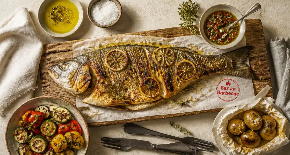 bar au bbq entier peau croustillante sur planche