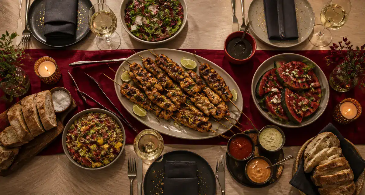 Barbecue entre amis plat brochettes et salades