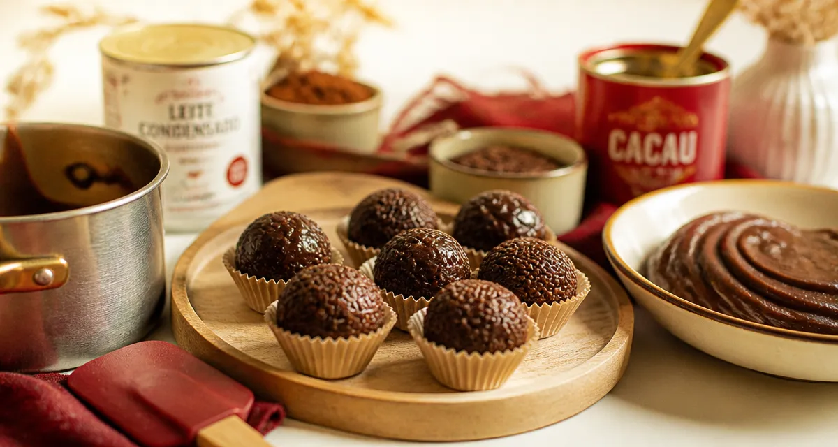 Brigadeiro au chocolat fondant, roulé et servi sur plateau bois