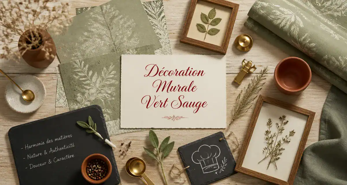 Décoration murale vert sauge flat lay échantillons et accessoires