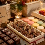 Dessert apéro dinatoire : mini-brownies, verrines chocolat et macarons sans couverts
