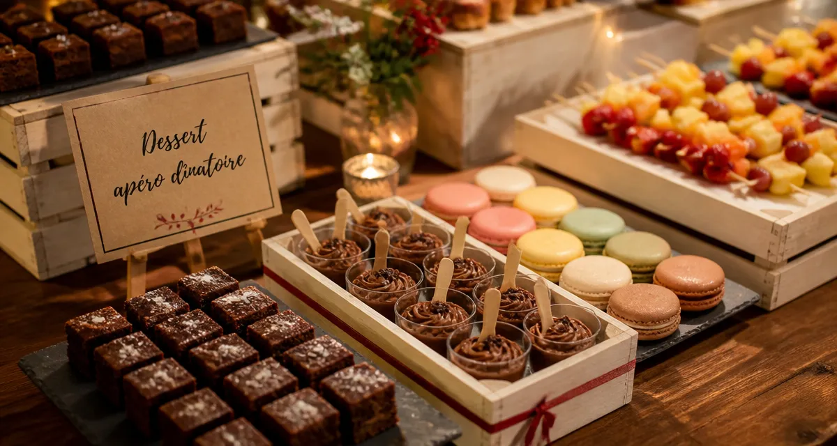 Dessert apéro dinatoire : mini-brownies, verrines chocolat et macarons sans couverts