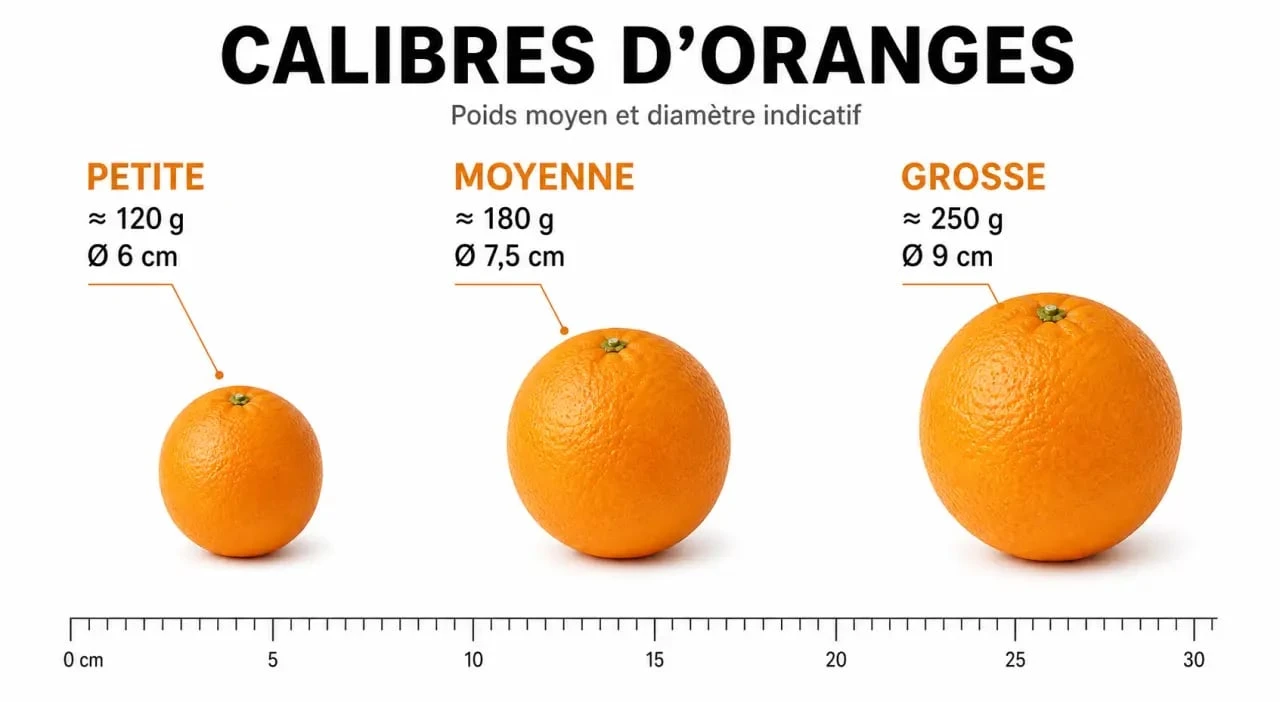 Infographie comparative du poids d'une orange selon son calibre et sa taille