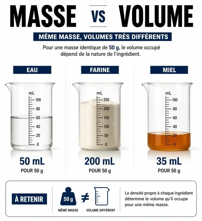 Infographie illustrant la conversion de 50g en ml selon la densité des ingrédients