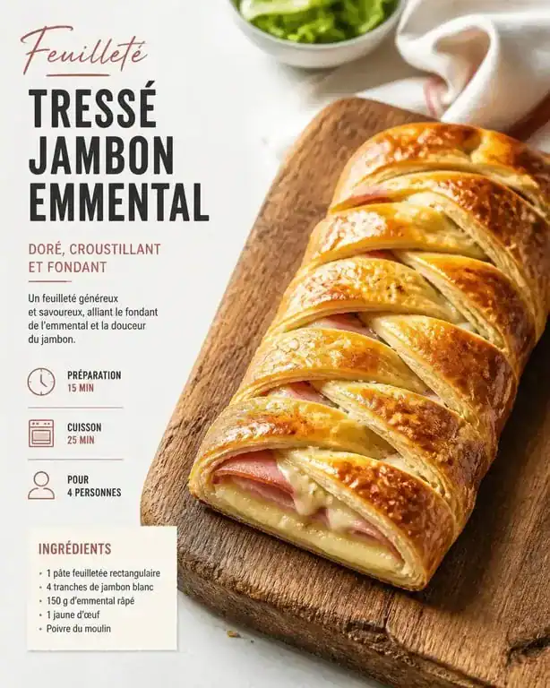 Recette avec de la pâte feuilletée : feuilleté tressé au jambon et emmental doré et croustillant