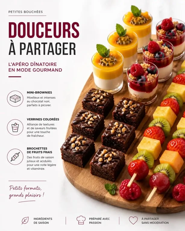 Assortiment de desserts pour apéro dînatoire, incluant mini-brownies et verrines gourmandes