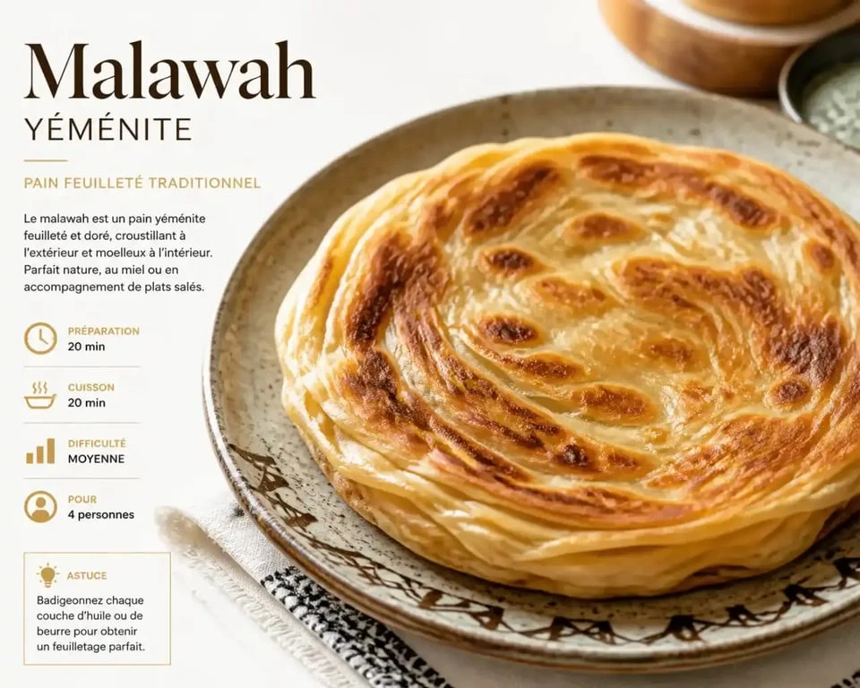 Malawah yéménite traditionnel, pain feuilleté croustillant servi chaud.