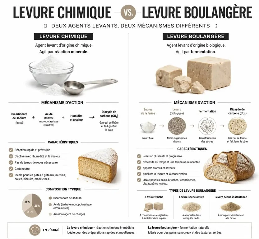Infographie comparative entre levure chimique et levure boulangère pour la cuisine