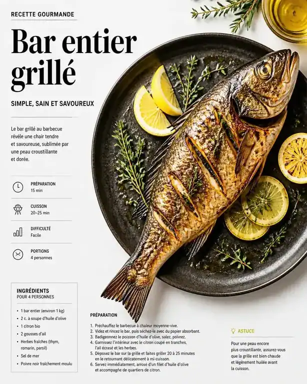 Bar entier grillé au barbecue avec herbes et citron