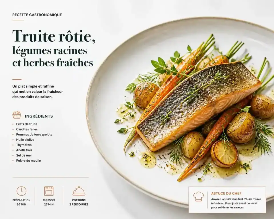 Filet de truite rôti accompagné de légumes de saison pour une recette équilibrée