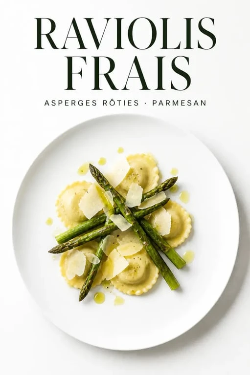 Assiette de raviolis accompagnés d'asperges rôties, idée d'accompagnement pour ravioli