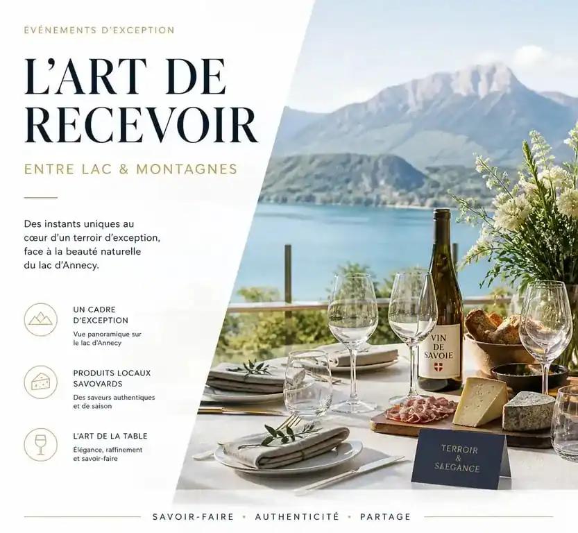 Table de réception élégante pour un événement avec un traiteur à Annecy au bord du lac