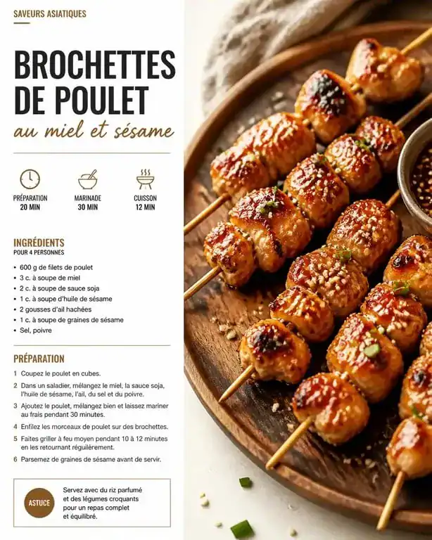 Brochettes de poulet au miel et sésame pour un barbecue entre amis réussi