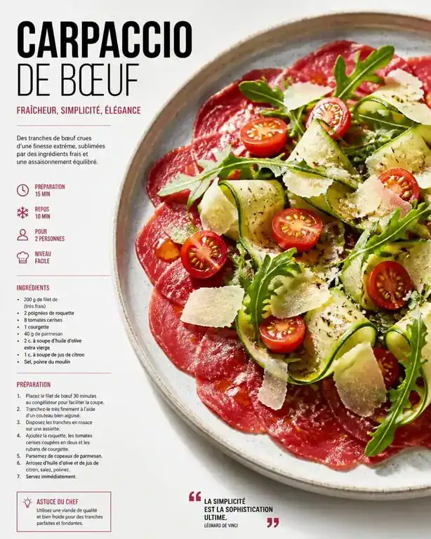 Carpaccio de bœuf avec ses accompagnements : roquette, parmesan et légumes frais