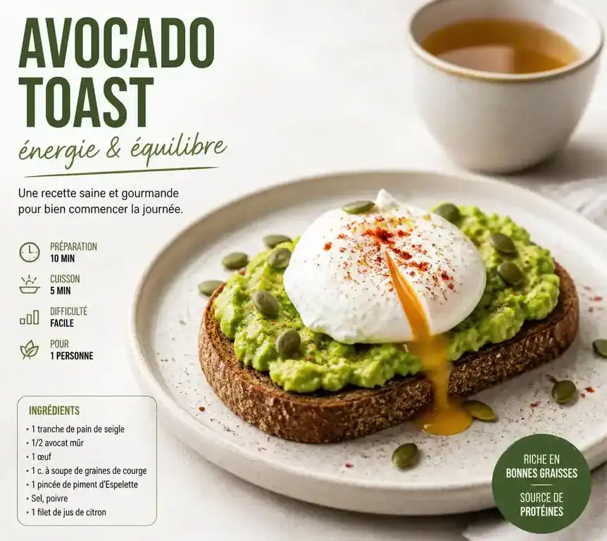 Avocado toast équilibré, recette de petit-déjeuner sain et nutritif